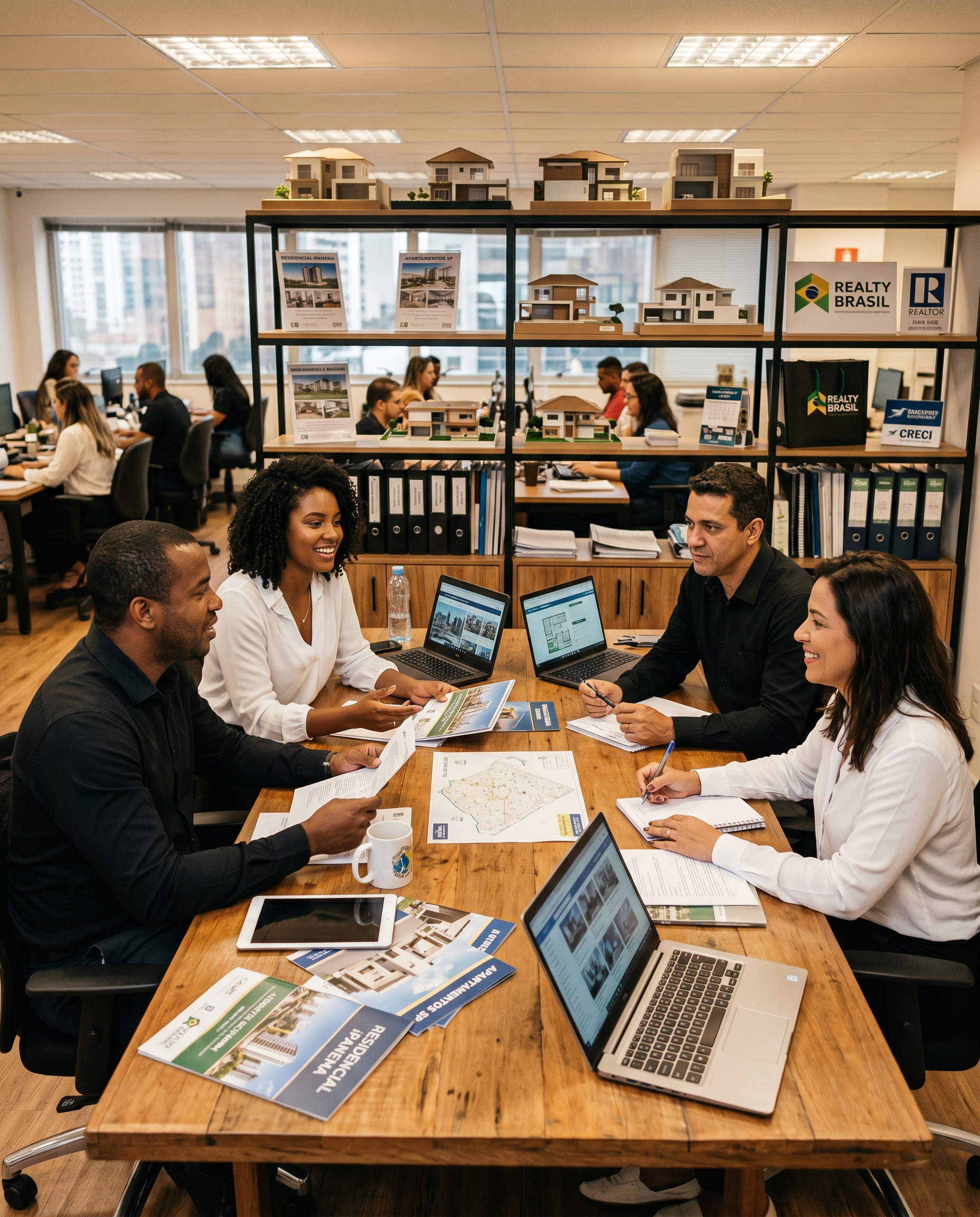 Equipe de imobiliária em reunião de atendimento, com laptops, folhetos de imóveis e mapa sobre a mesa, ao fundo estantes com maquetes de casas