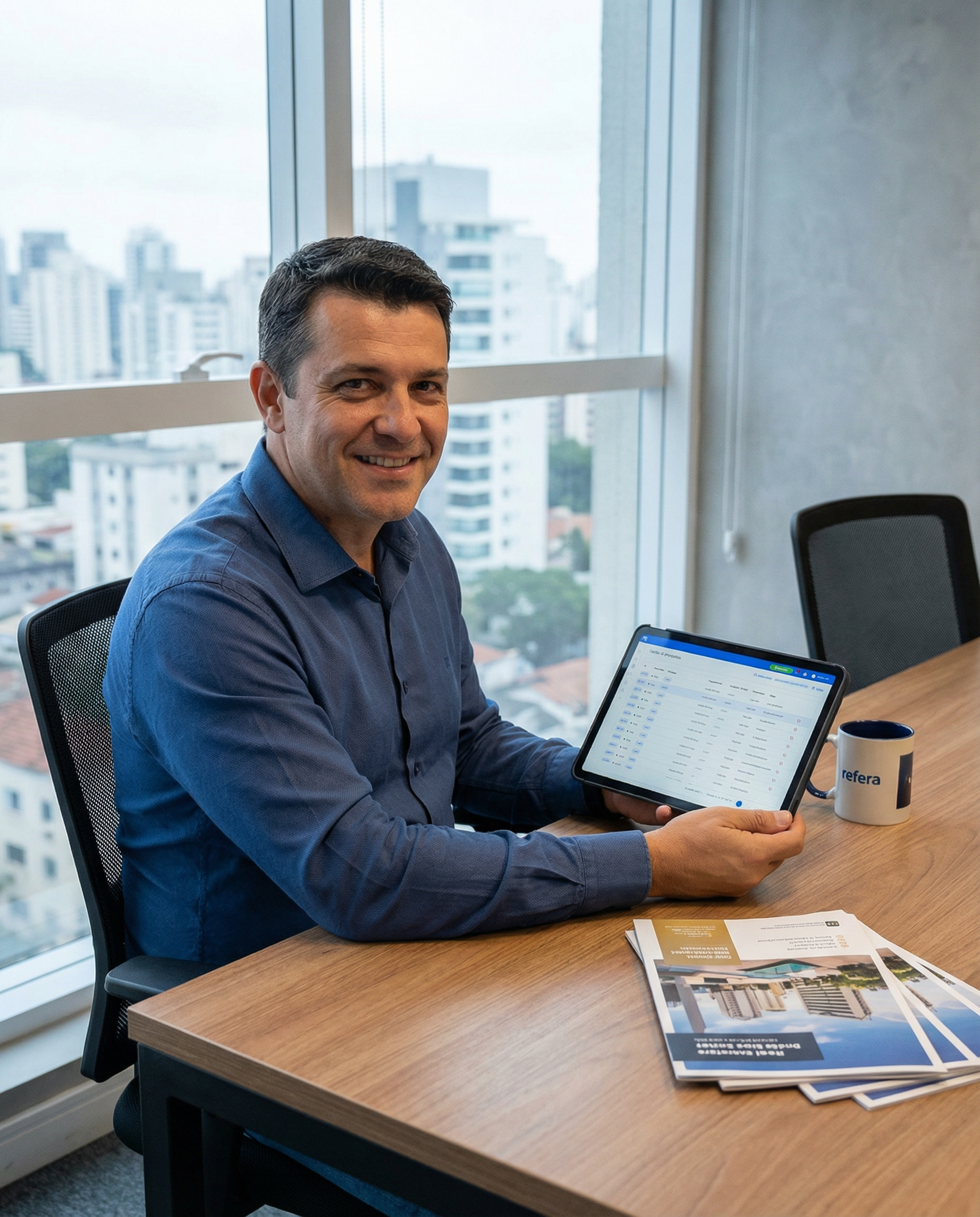 Gestor de imobiliária segurando tablet com a plataforma Refera aberta, caneca Refera e folhetos de imóveis sobre a mesa