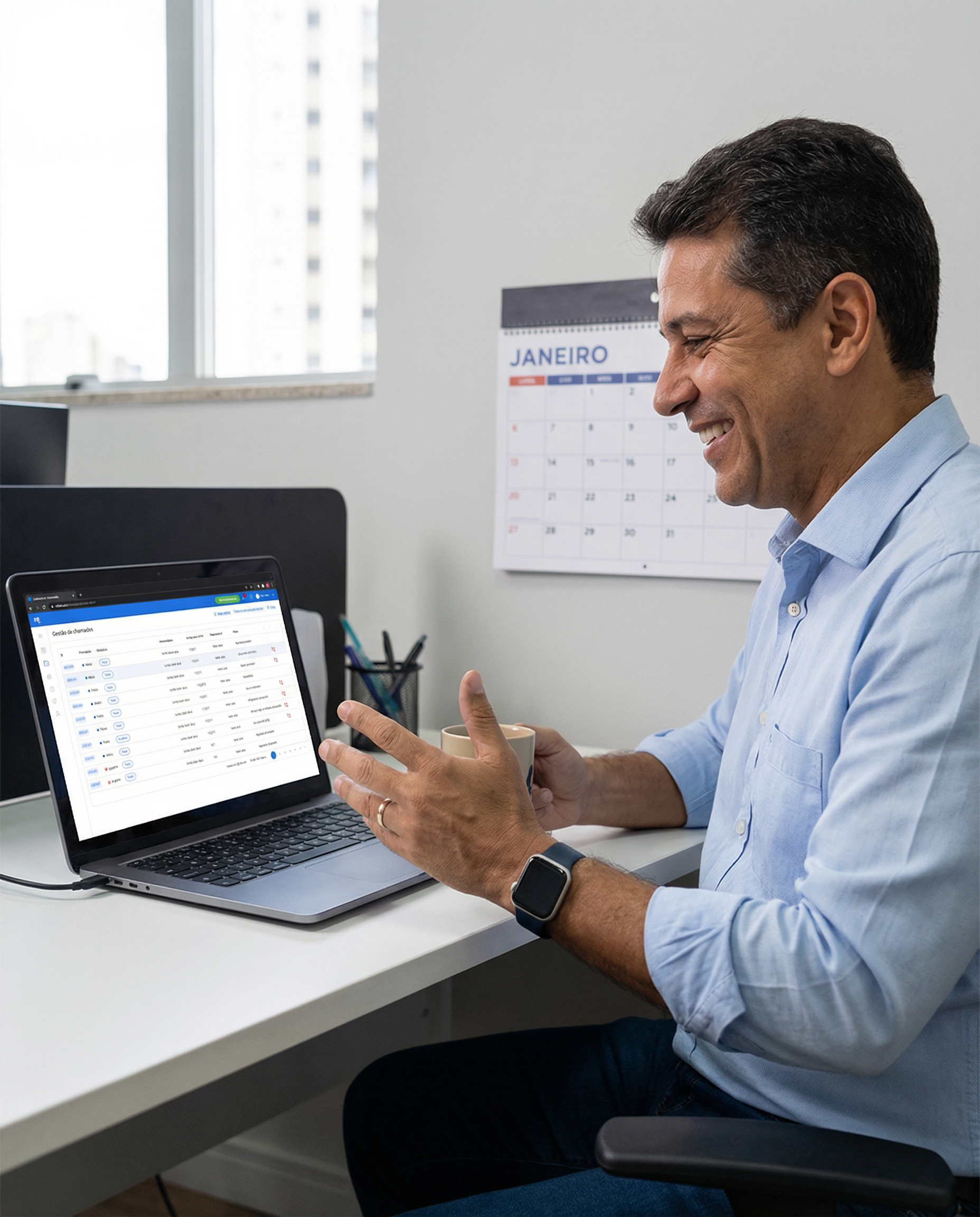 Gestor de imobiliária sorrindo à frente do laptop com a plataforma Refera aberta e calendário de janeiro ao fundo