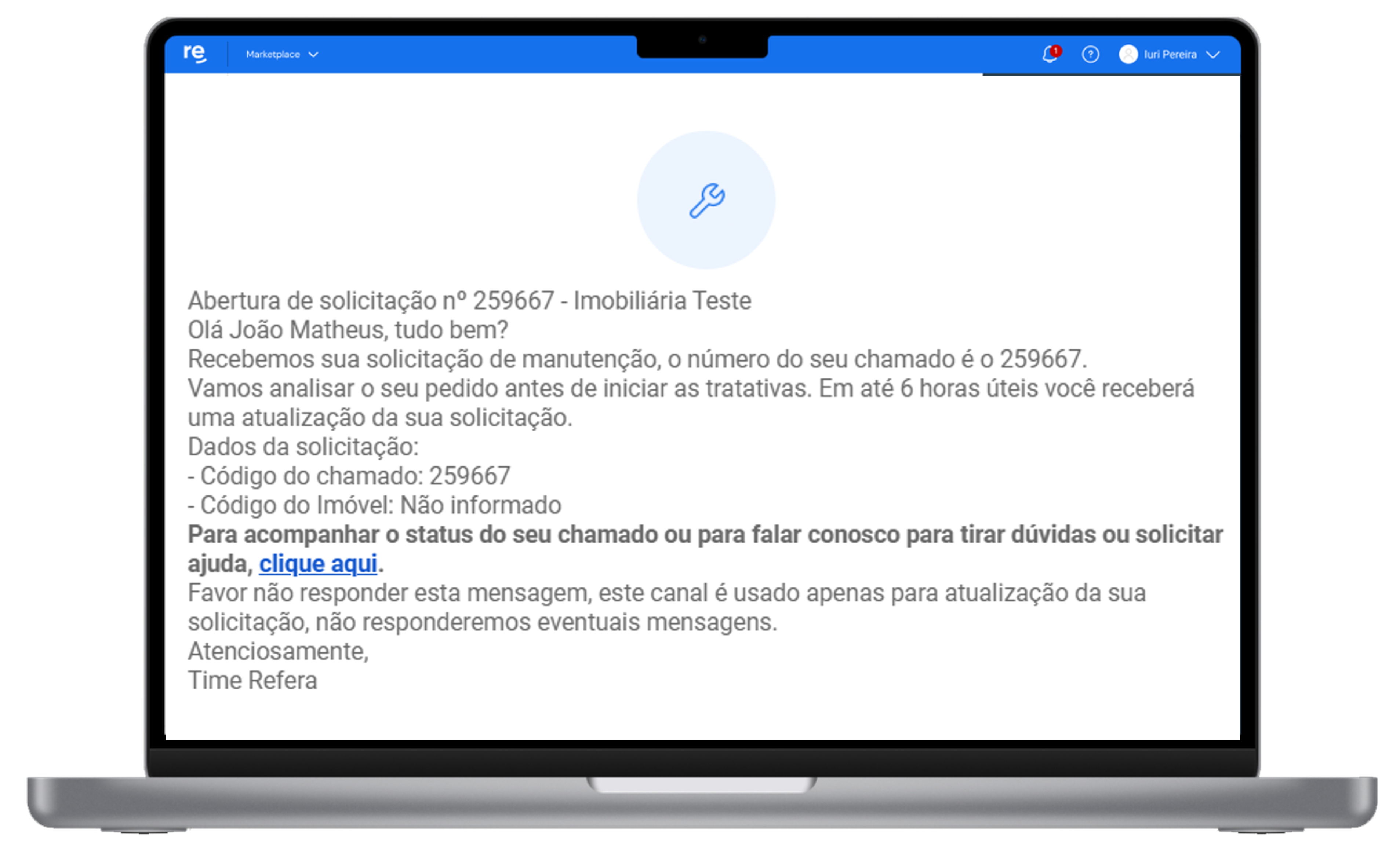 Tela da plataforma Refera com acompanhamento de chamado pelo solicitante, mostrando protocolo e etapas do processo