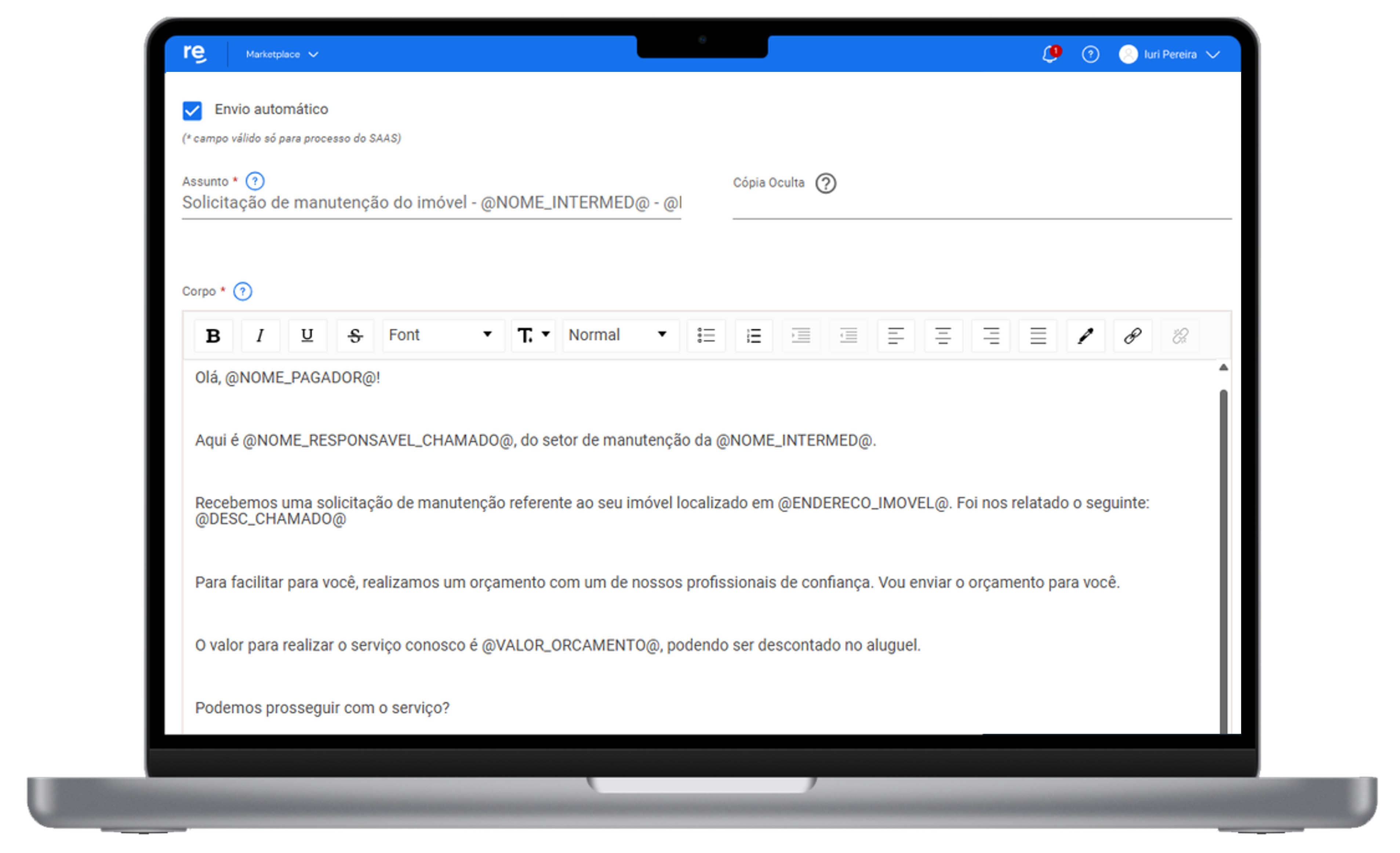 Editor de e-mail automático da plataforma Refera com campos dinâmicos para comunicação de solicitação de manutenção ao proprietário