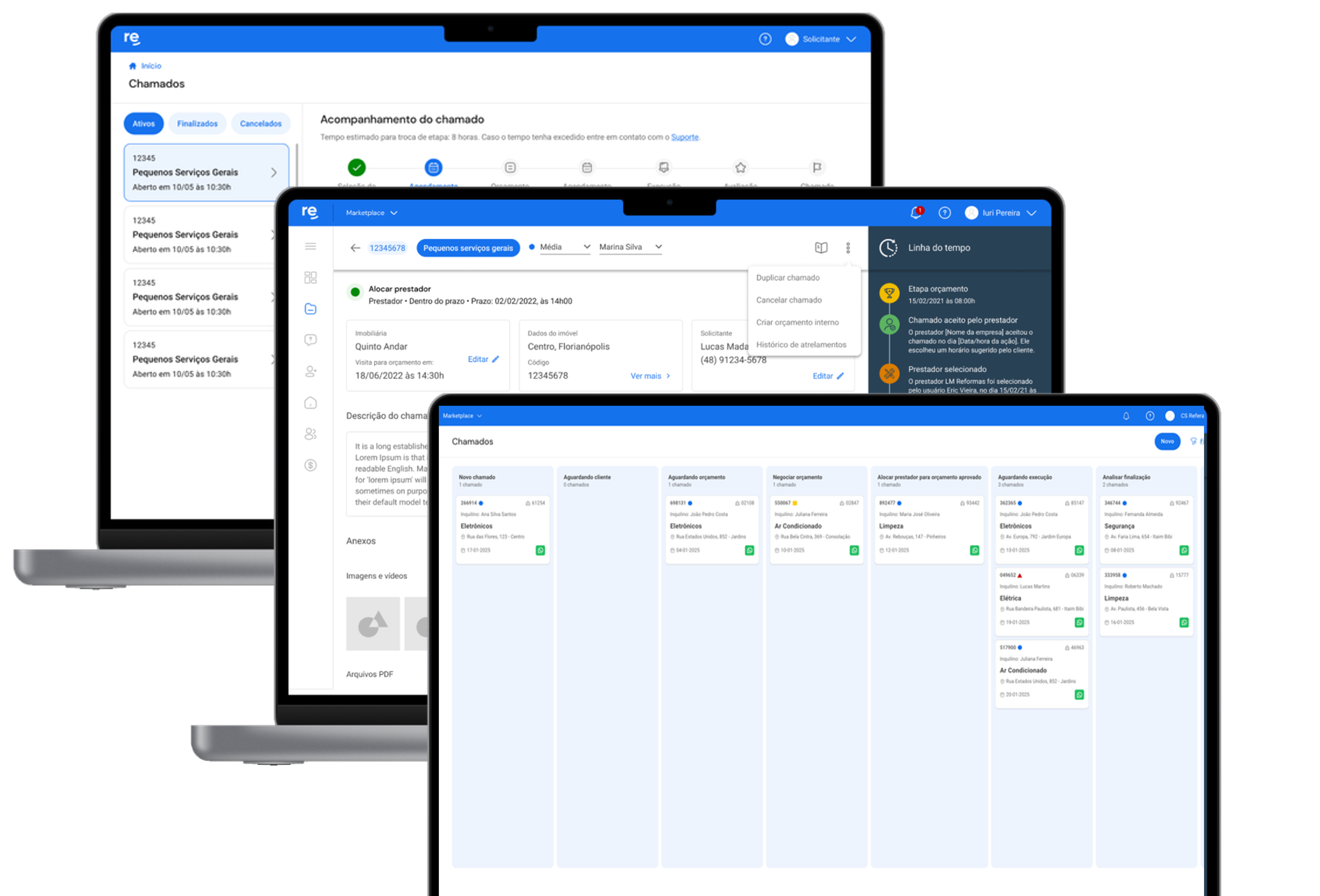 Plataforma Refera exibida em desktop, laptop e tablet com painel kanban de gestão de chamados por status e etapas
